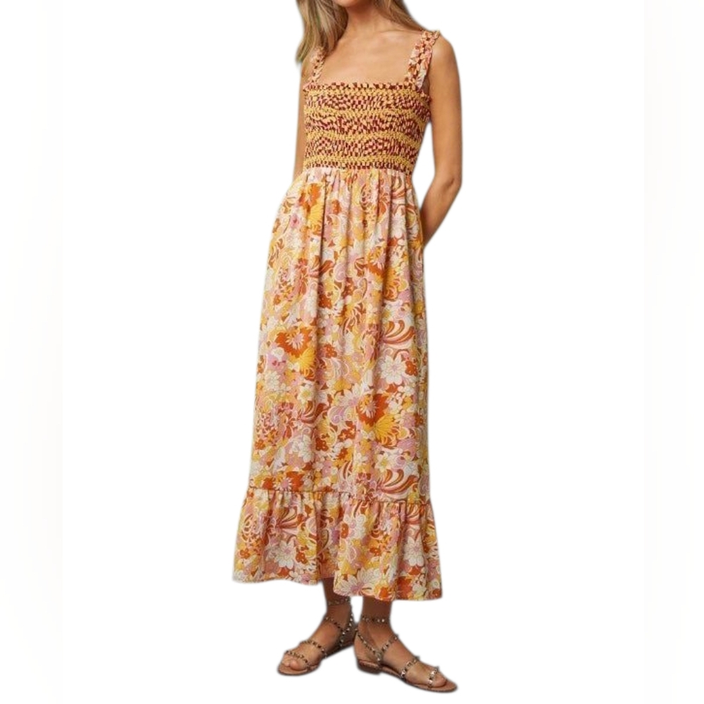 NWT - DAVI & DANI - Orange Smocked Ruffled Sundress - Small